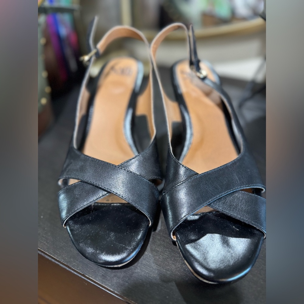 Sofft Black Leather Cork Wedge Slingback Women's Sandals